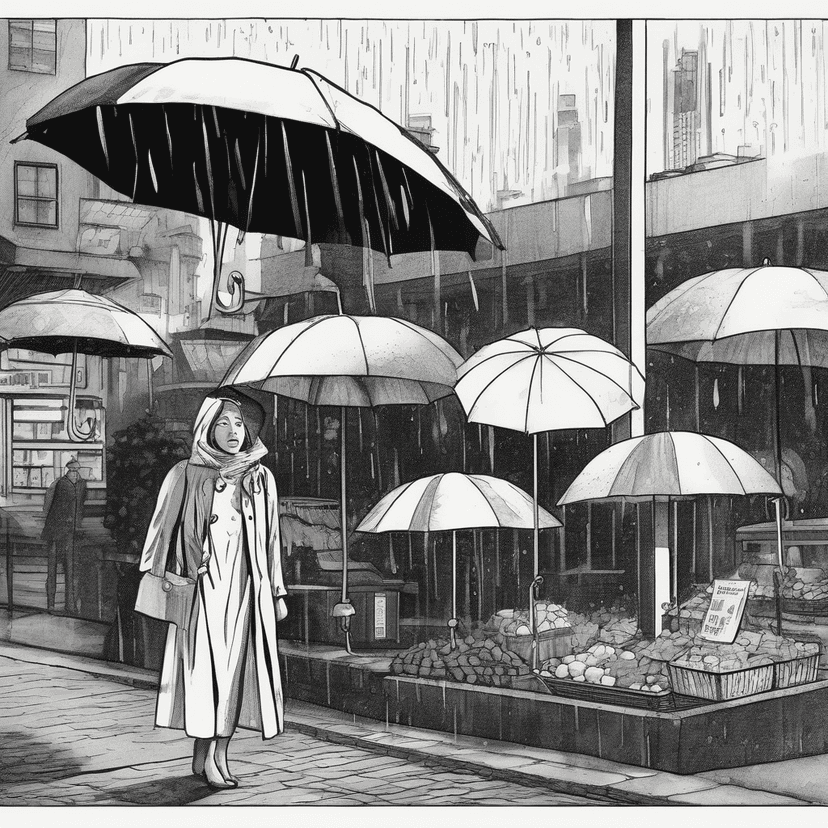 Rain pools inside my umbrella dome. Groceries stay dry.